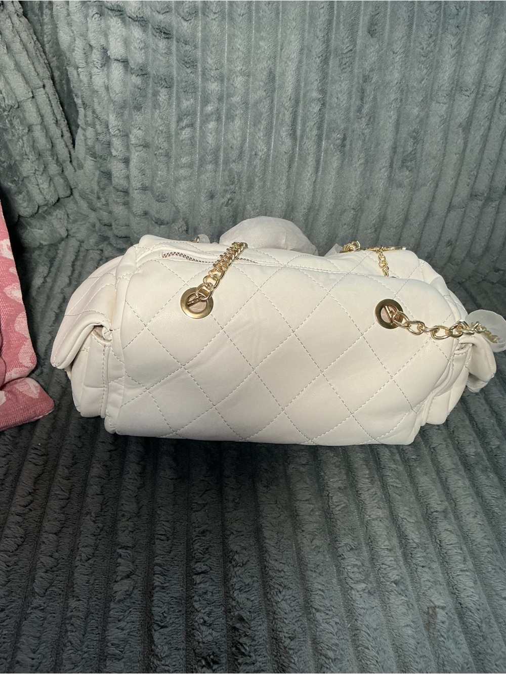 White Quilted Shoulder Bag with Gold Chain Strap